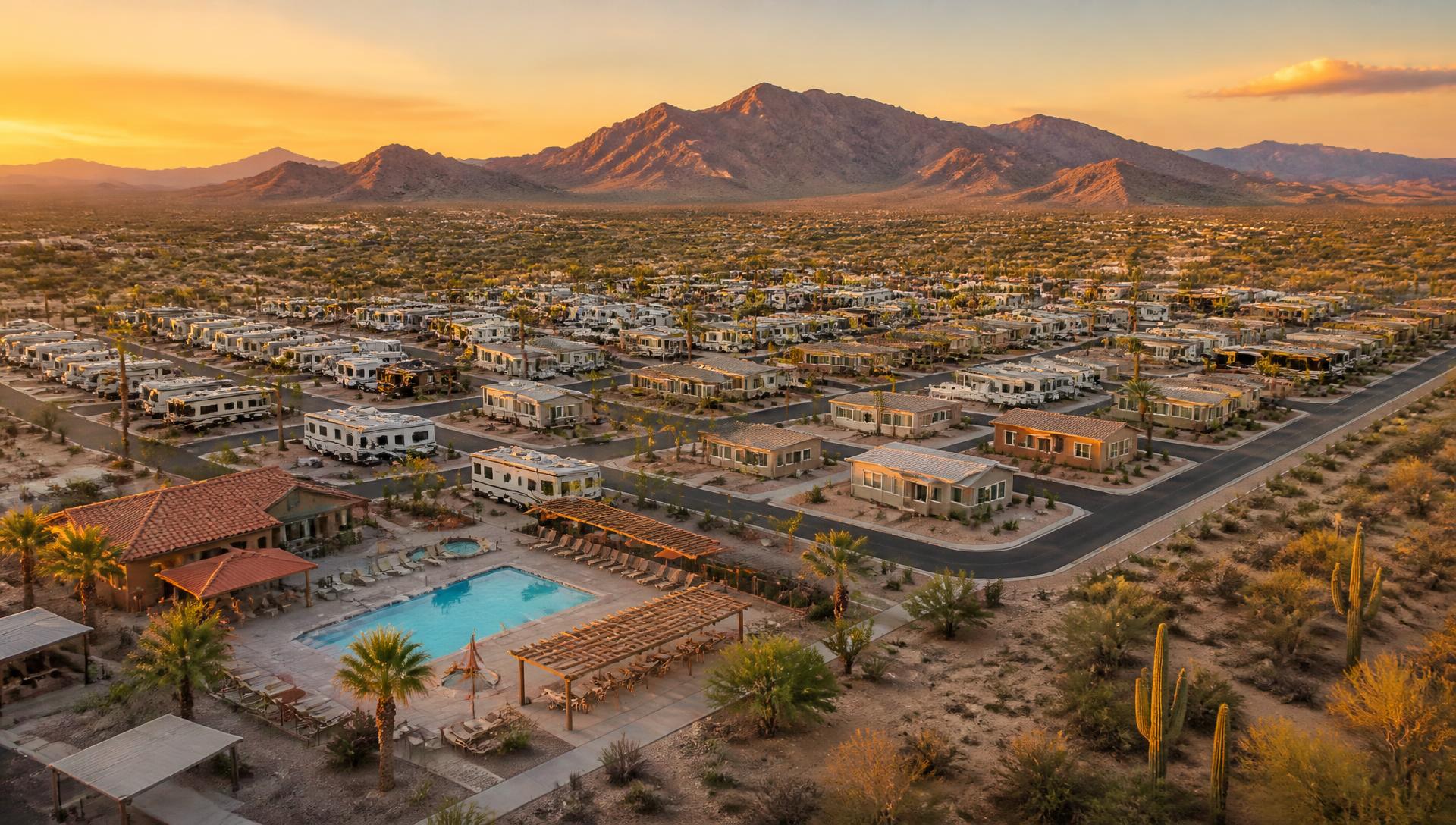 Aerial view of an Arizona RV resort with paved sites, park models and desert mountains at sunset